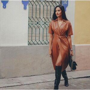 Zara Faux Leather Faux Wrap Dress Camel Sz XS Chic Sophisticated Nouveau Riche